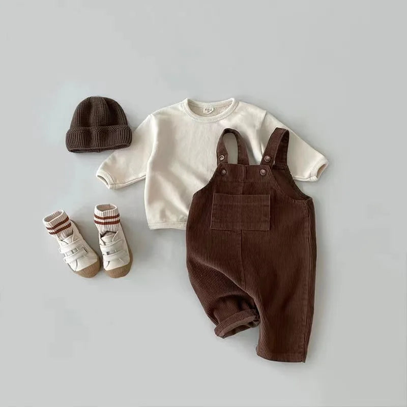 spring toddler baby boys girls solid corduroy suspander romper sof    