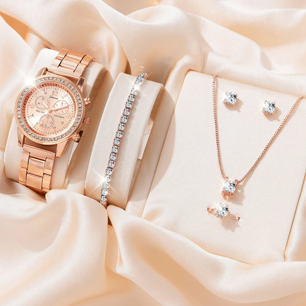 6PCS Set Luxury Watch Women Ring Necklace Earrings Rhinestone Fashion Wristwatch Female Casual Ladies Watches Bracelet Set Clock