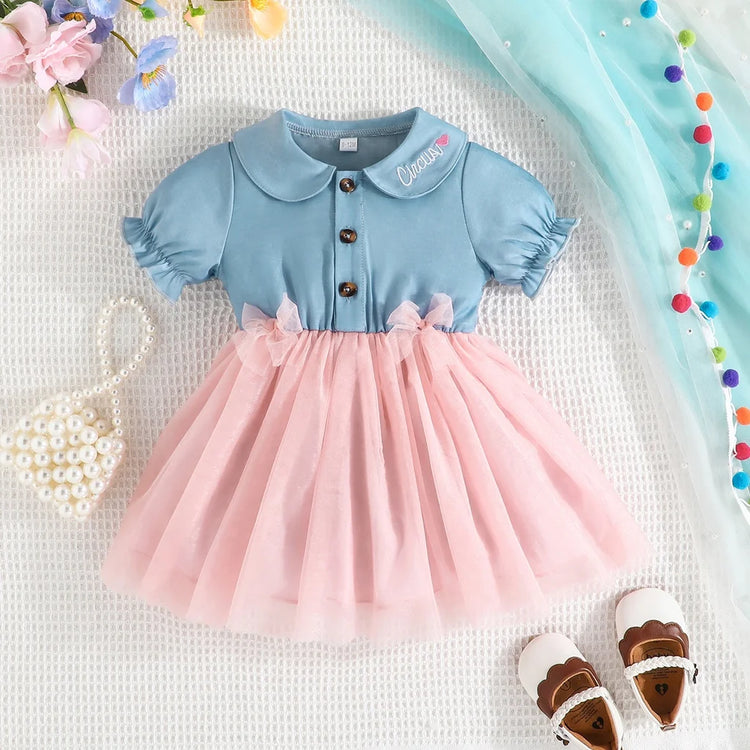 Dress For Kids Newborn 3-24 Months Short Sleeve Cute Button Bow Tulle Princess Dresses Ootd For Baby Girl - mariaestalocashop