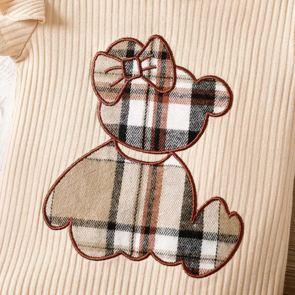 0-18 Months Summer New Baby Girl Bear Print Lace Sleeves Plaid Short Skirt Set Plus Hairband Three-piece Set - mariaestalocashop