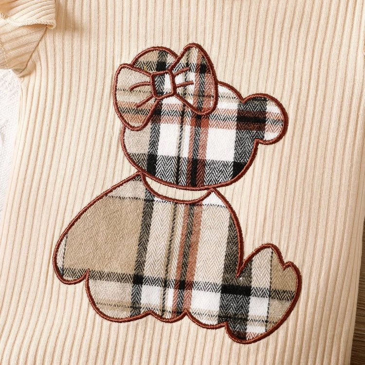 0-18 Months Summer New Baby Girl Bear Print Lace Sleeves Plaid Short Skirt Set Plus Hairband Three-piece Set - mariaestalocashop