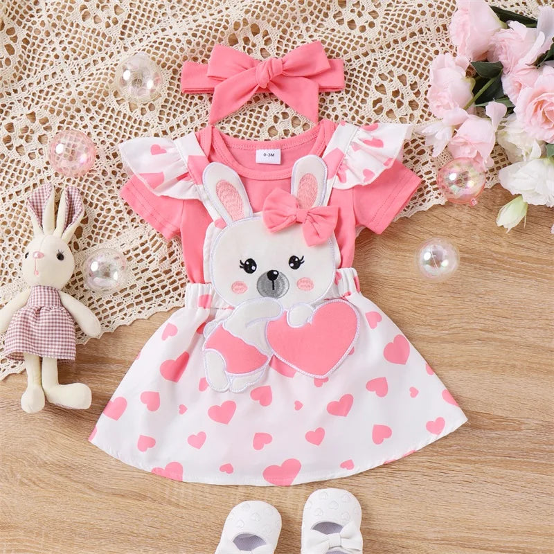 Summer Easter Infant Baby Girl Set Short Sleeve Romper + Rabbit Patch Heart Print Suspender Skirt + Bow Headband Outfit - mariaestalocashop