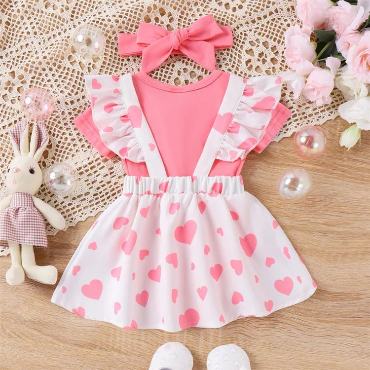 Summer Easter Infant Baby Girl Set Short Sleeve Romper + Rabbit Patch Heart Print Suspender Skirt + Bow Headband Outfit - mariaestalocashop