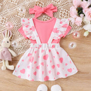 Summer Easter Infant Baby Girl Set Short Sleeve Romper + Rabbit Patch Heart Print Suspender Skirt + Bow Headband Outfit