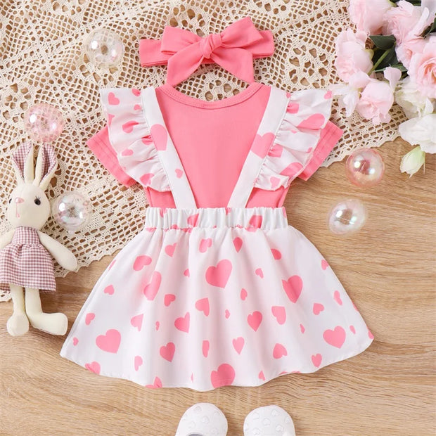 Summer Easter Infant Baby Girl Set Short Sleeve Romper + Rabbit Patch Heart Print Suspender Skirt + Bow Headband Outfit