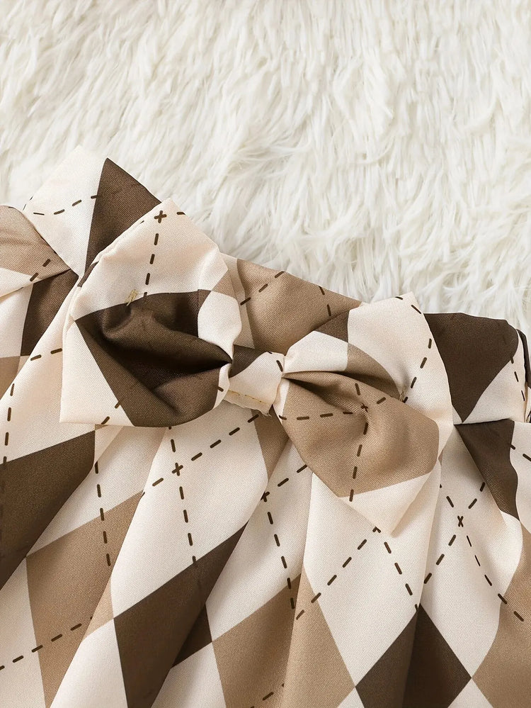 0-24 Months Old Baby Girl Bear Threaded Triangle Hayi Plaid Skirt Headband Set - mariaestalocashop