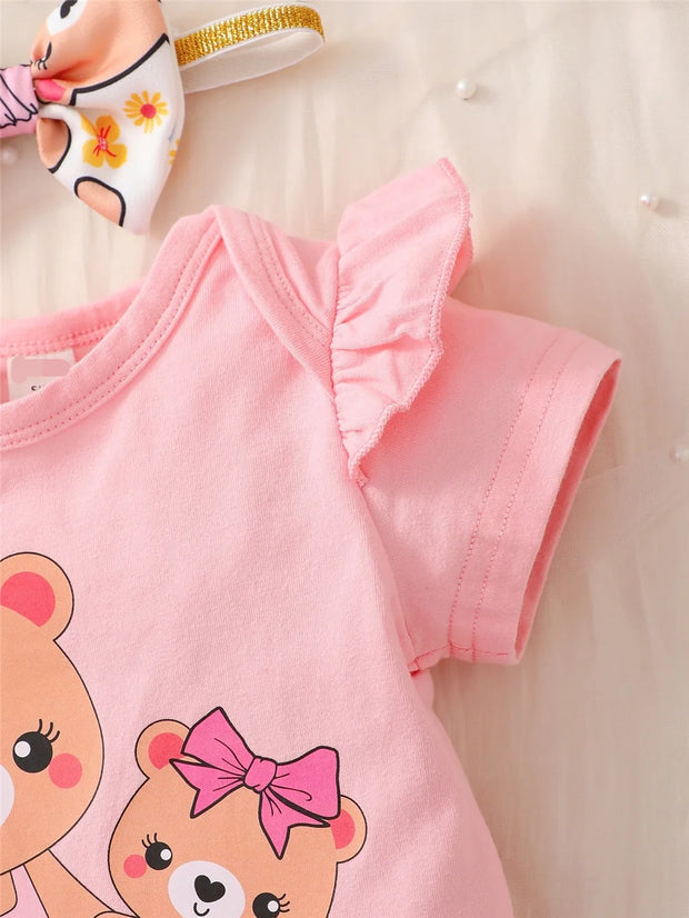 Newborn Baby Girl Daily Clothes Set Cartoon Bear Short Sleeve Romper + Shorts with Headband Summer Lovely 3PCS Outfit