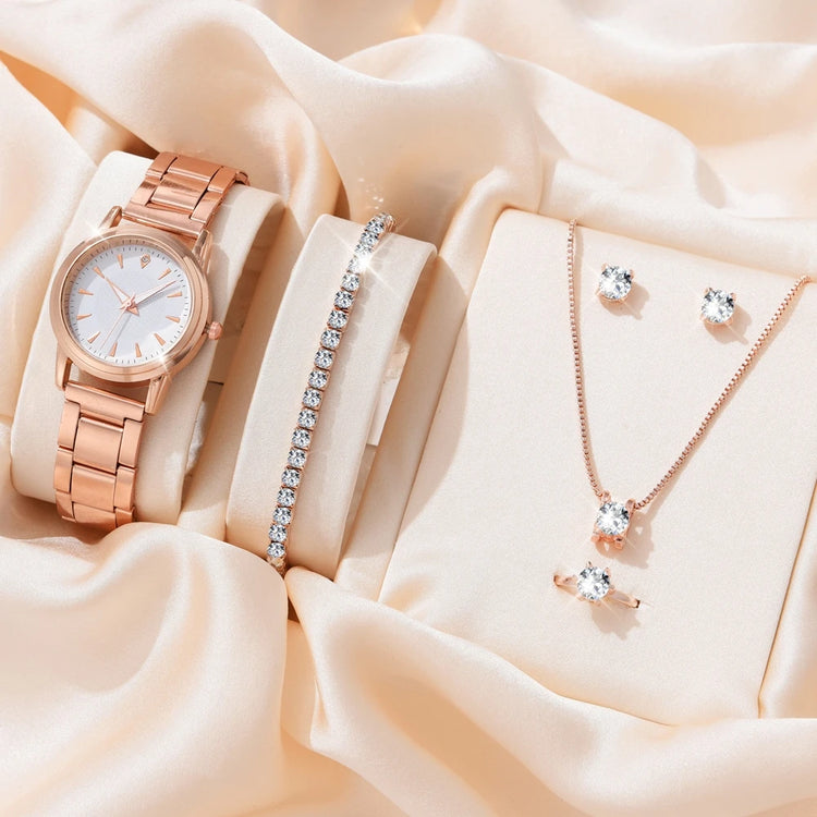 6PCS Set Luxury Watch Women Ring Necklace Earrings Rhinestone Fashion Wristwatch Female Casual Ladies Watches Bracelet Set Clock - mariaestalocashop