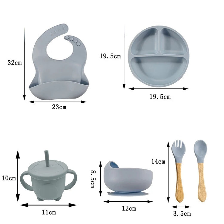 Children's Dishes Set Baby Silicone 6/8-piece Tableware Set Suction Cups Forks Spoons Bibs Straws Cups Mother and Baby Supplies - mariaestalocashop