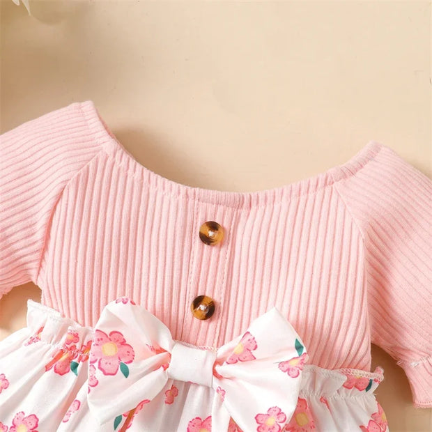 Baby Girl Short Sleeve Round Neck Floral Skirt with Bow Fashion Lovely Summer Dresses Clothes for Toddler Girl 0-2 Years