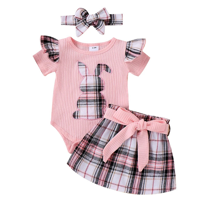 FOCUSNORM 0-18M Easter Baby Girls Clothes Sets Outfit Short Sleeve Bunny Plaid Print Romper with Belted Skirt Headband - mariaestalocashop