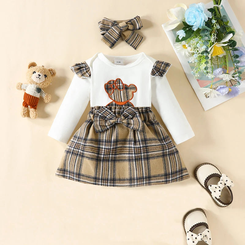 Newborn Baby Girl Clothes 3PCS Set Cartoon Bear Embroidery Long Sleeves Bodysuit Plaid Skirt Suit Infant Baby Costume 0-18 Month - mariaestalocashop