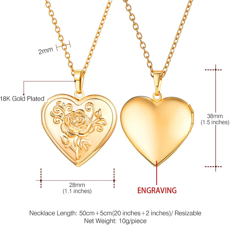 Openable Heart Locket Necklace Photo Frame Memory Romantic Love Embossed Rose Flower Pendant for Women Best Mother's Day Gift - mariaestalocashop
