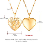 Openable Heart Locket Necklace Photo Frame Memory Romantic Love Embossed Rose Flower Pendant for Women Best Mother's Day Gift