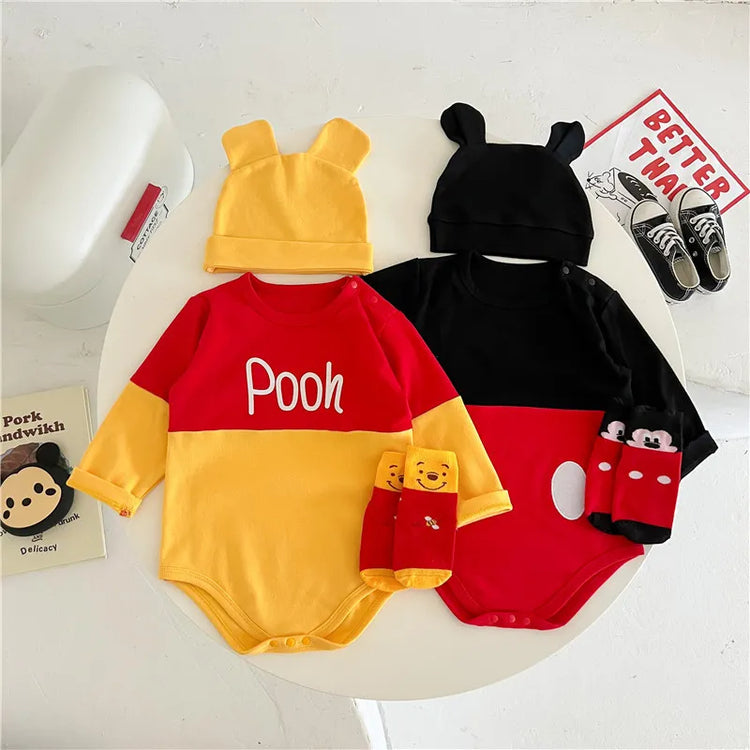 Spring Newborn Baby Rompers Sock Hat 3pcs Set Cartoon Mickey Mouse Poo