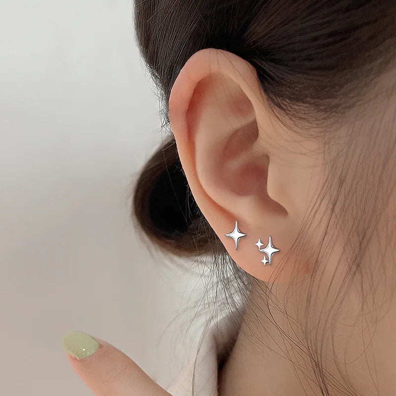 Silver Color Asymmetric Four-pointed Star Earrings for Women Super Fairy Stud Earring Simple Jewelry Hot Sale Gift - mariaestalocashop