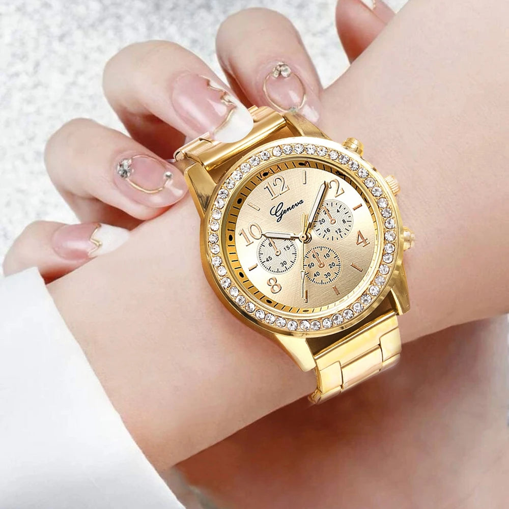 6PCS Set Luxury Watch Women Ring Necklace Earrings Rhinestone Fashion Wristwatch Female Casual Ladies Watches Bracelet Set Clock - mariaestalocashop