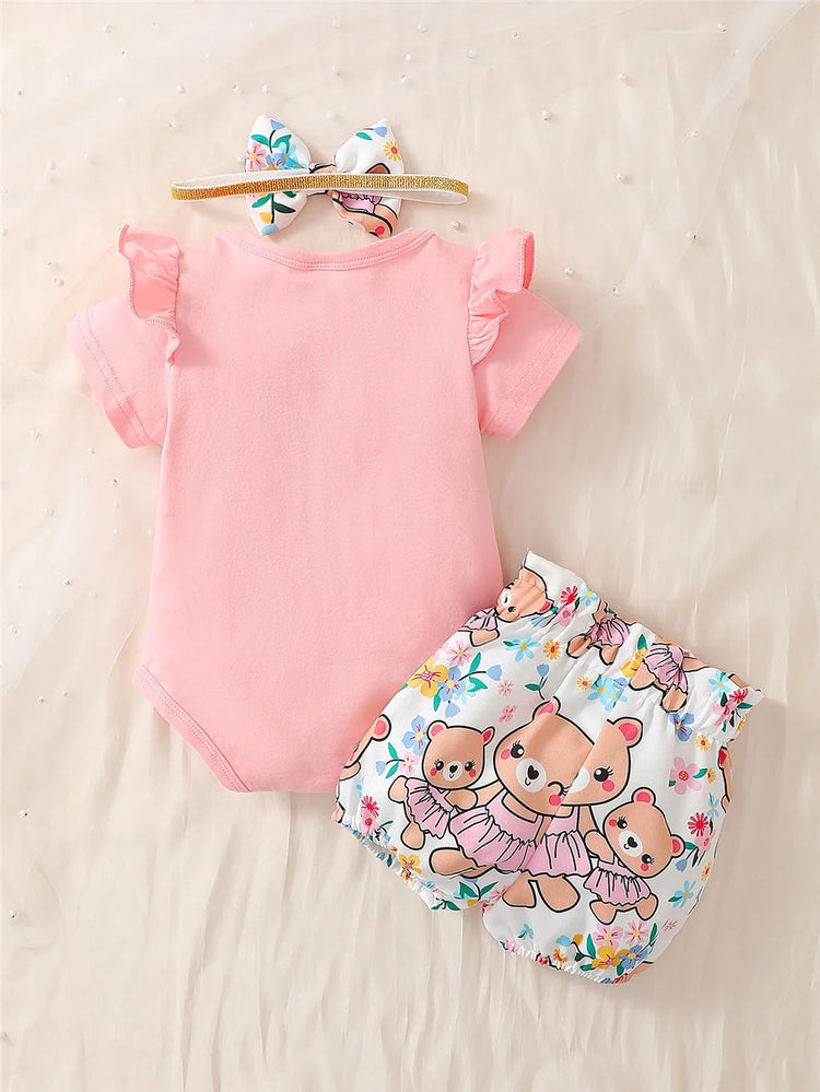 Newborn Baby Girl Daily Clothes Set Cartoon Bear Short Sleeve Romper + Shorts with Headband Summer Lovely 3PCS Outfit - mariaestalocashop