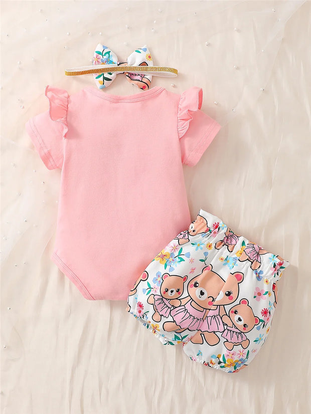 Newborn Baby Girl Daily Clothes Set Cartoon Bear Short Sleeve Romper + Shorts with Headband Summer Lovely 3PCS Outfit