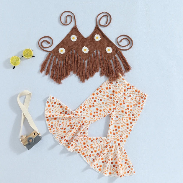 Baby Girls Pants Set, Tie-up Halterneck Tasseled Irregular Hem Knit Vest with Flare Pants