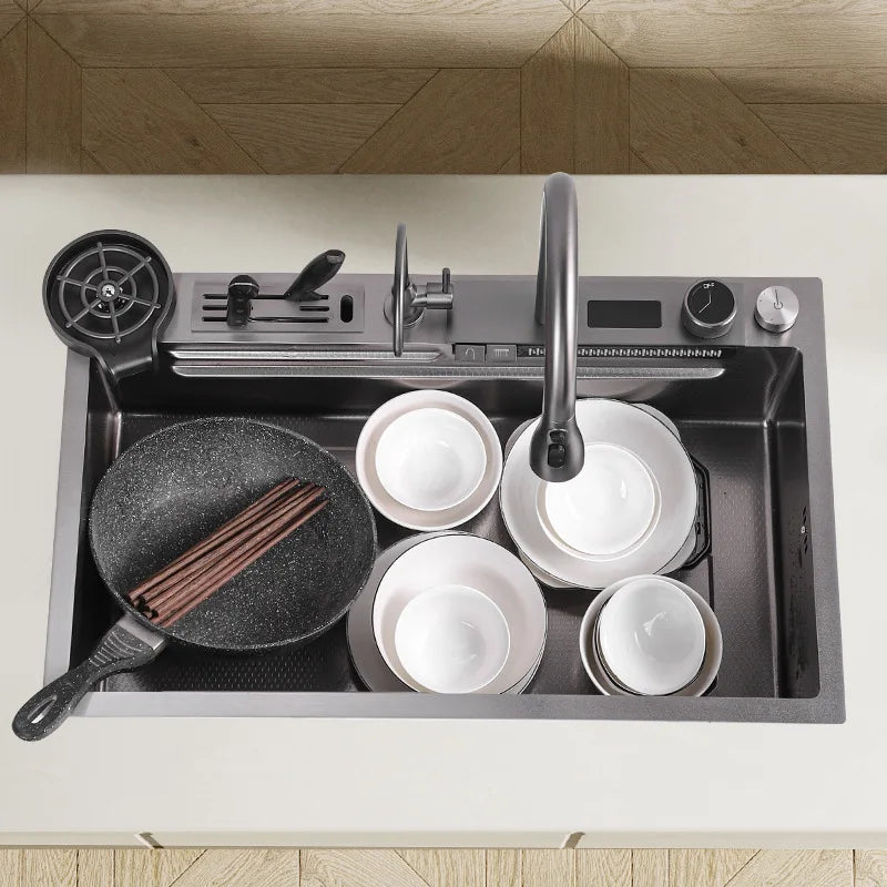 2024 new product big size Honeycomb embossed knife holder piano digital display waterfall kitchen sink - mariaestalocashop
