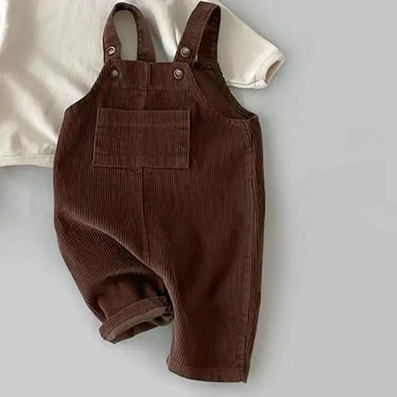 spring toddler baby boys girls solid corduroy suspander romper sof    
