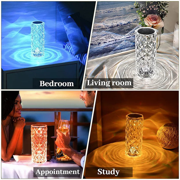 LED Crystal Table Lamp Rose Light Projector 3/16 Colors Touch Night Light Romantic Diamond Atmosphere Light USB Home Bar Decor