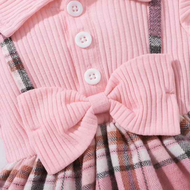 Summer Newborn Girl Fashion Princess Dress Pink Stripe Flip Collar Flying Edge Sleeves Checkered Print Bow Dress 3-24M