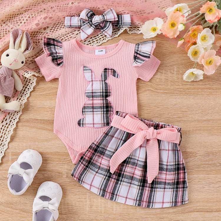 FOCUSNORM 0-18M Easter Baby Girls Clothes Sets Outfit Short Sleeve Bunny Plaid Print Romper with Belted Skirt Headband - mariaestalocashop