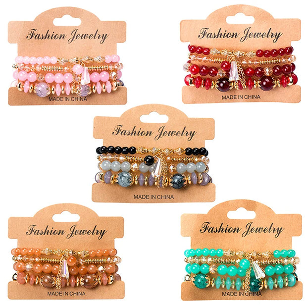 Bohemian crystal tassel multi-layer elastic rope bracelet, handmade beaded bracelet, women's fashion accessories