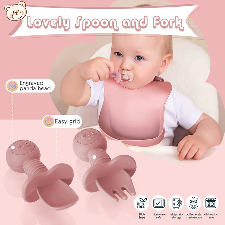 Children's Dishes Set Baby Silicone 6/8-piece Tableware Set Suction Cups Forks Spoons Bibs Straws Cups Mother and Baby Supplies - mariaestalocashop
