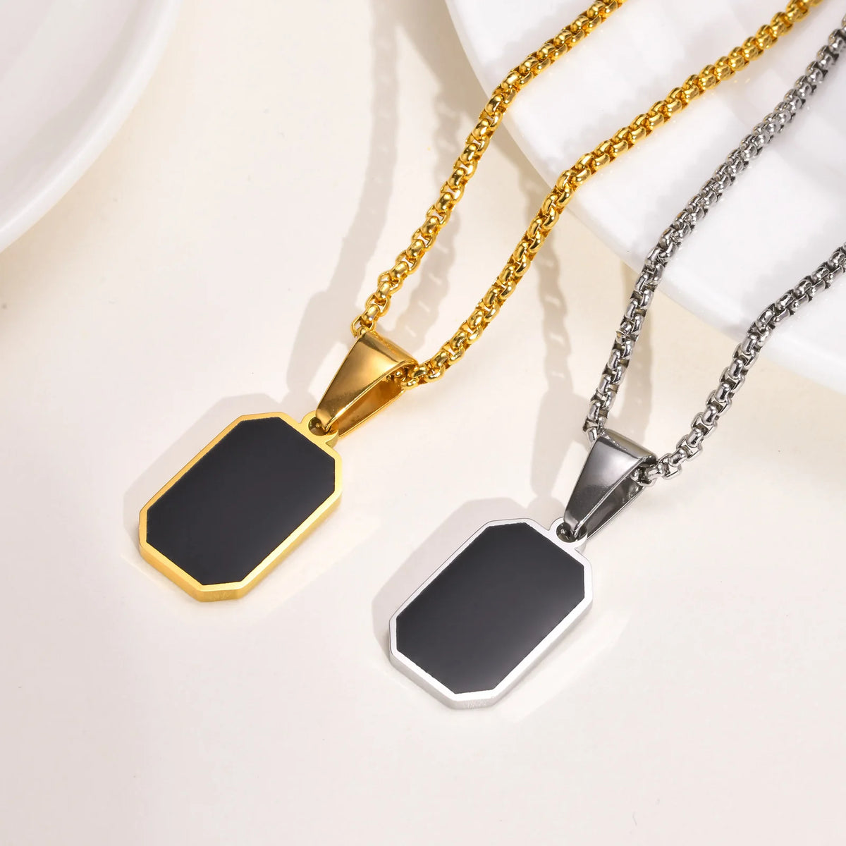 Stylish Gold Color Mens Geometric Square Necklaces,Black Enamel Rectangle Pendant with Rope Box Chain Collar Gift Jewelry - mariaestalocashop
