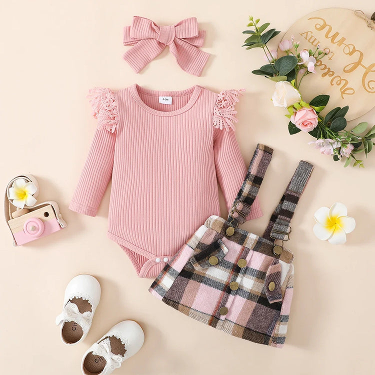 PatPat 3pcs Baby Girl 95% Cotton Rib Knit Spliced Lace Long-sleeve Romper and Plaid Suspender Skirt with Headband Set - mariaestalocashop