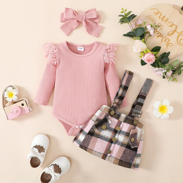 PatPat 3pcs Baby Girl 95% Cotton Rib Knit Spliced Lace Long-sleeve Romper and Plaid Suspender Skirt with Headband Set