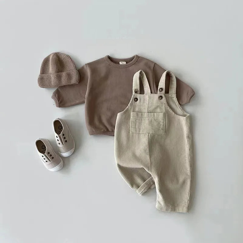 spring toddler baby boys girls solid corduroy suspander romper sof    