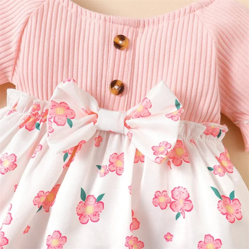 Baby Girl Short Sleeve Round Neck Floral Skirt with Bow Fashion Lovely Summer Dresses Clothes for Toddler Girl 0-2 Years - mariaestalocashop
