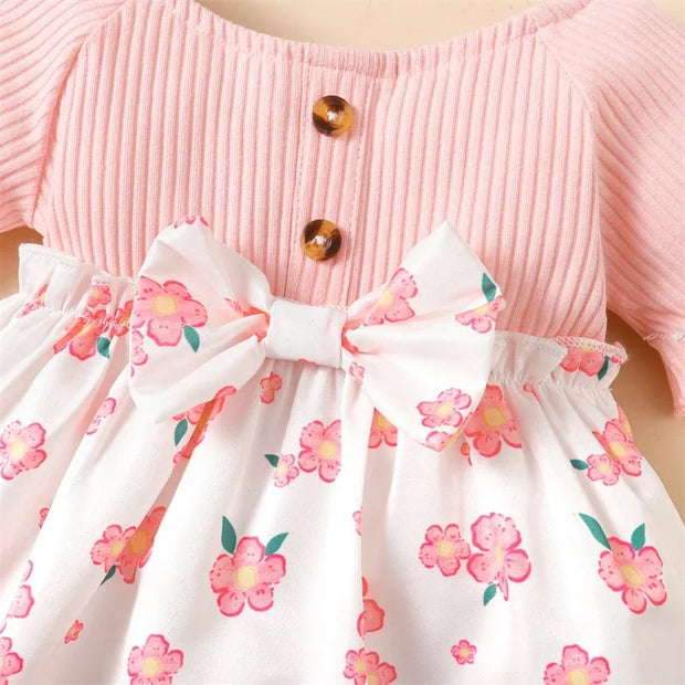 Baby Girl Short Sleeve Round Neck Floral Skirt with Bow Fashion Lovely Summer Dresses Clothes for Toddler Girl 0-2 Years