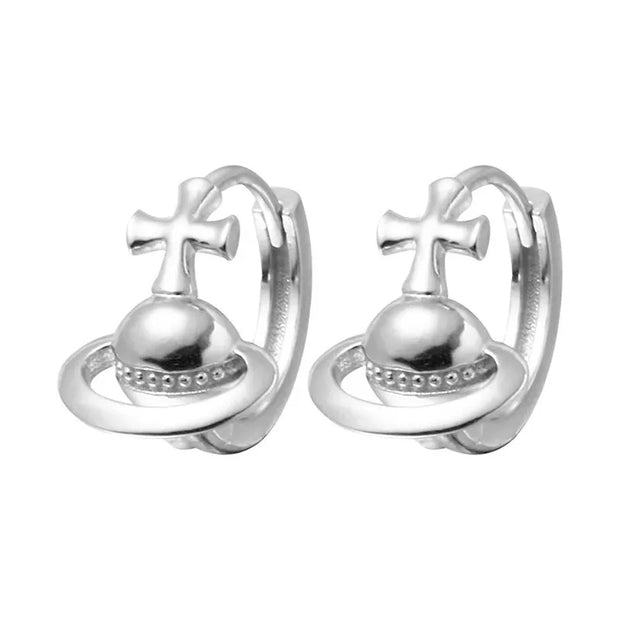 Silver Color Korean Cross Cosmic Planet Saturn Stud Earrings for Women 2023 Wedding Party Jewelry Gift Korean Earring