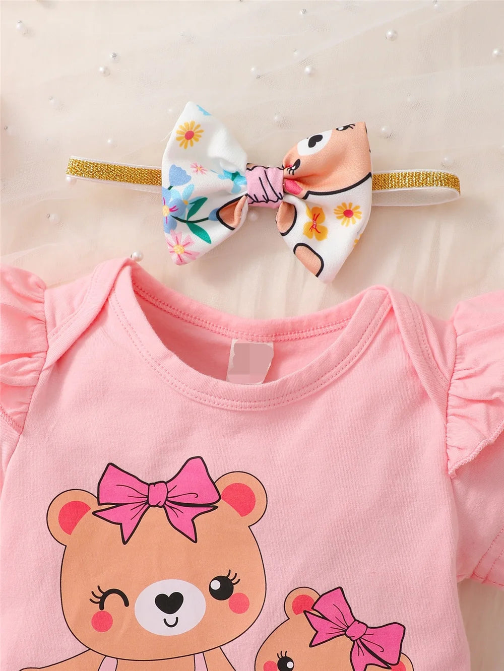 Newborn Baby Girl Daily Clothes Set Cartoon Bear Short Sleeve Romper + Shorts with Headband Summer Lovely 3PCS Outfit - mariaestalocashop