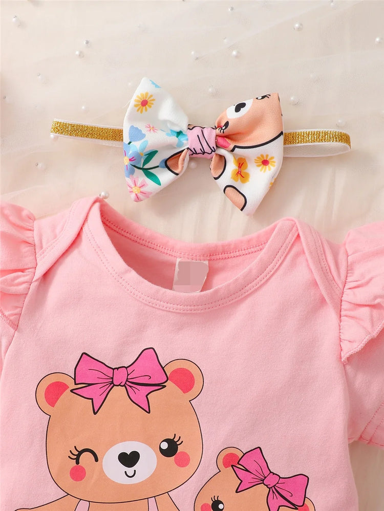 Newborn Baby Girl Daily Clothes Set Cartoon Bear Short Sleeve Romper + Shorts with Headband Summer Lovely 3PCS Outfit - mariaestalocashop