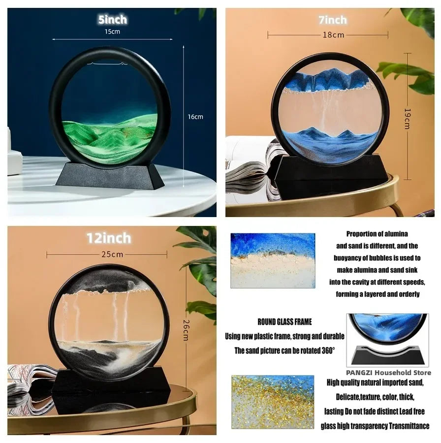 3D Moving Sand Art Picture Round Glass Deep Sea Sandscape Hourglass Quicksand Craft Flowing Sand Painting Office Home Decor Gift - mariaestalocashop