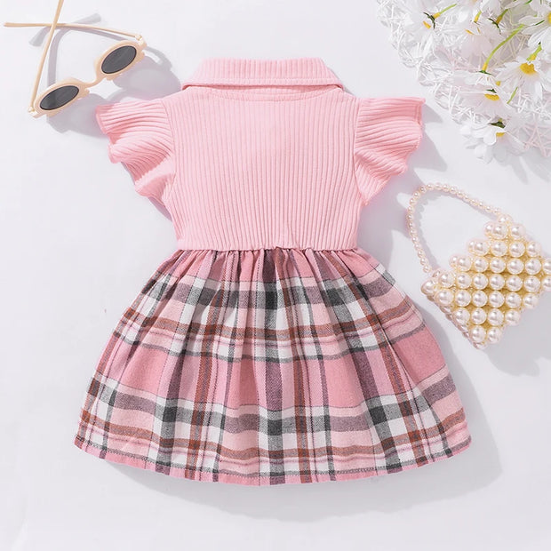 Summer Newborn Girl Fashion Princess Dress Pink Stripe Flip Collar Flying Edge Sleeves Checkered Print Bow Dress 3-24M