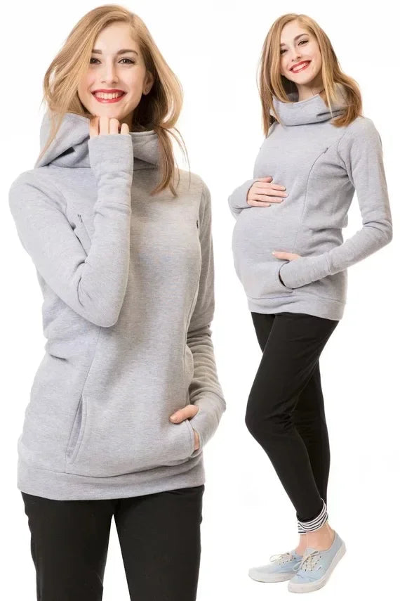 Winter Long Sleeves Pregnant's Women's Breastfeeding Clothes Hooded Sweater Nursing Maternity's Solid Color Clothes Women
