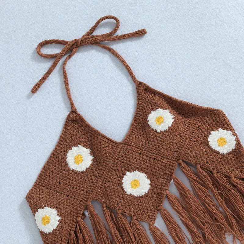 Baby Girls Pants Set, Tie-up Halterneck Tasseled Irregular Hem Knit Vest with Flare Pants - mariaestalocashop