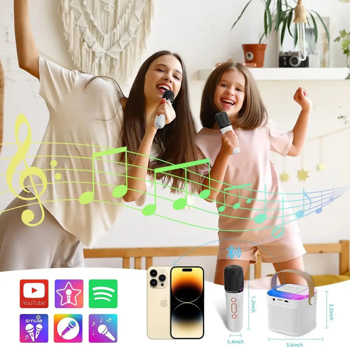 Portable Wireless Dual Microphone Karaoke Machine Bluetooth PA Speaker KTV DSP System HIFI Stereo Sound RGB Colorful LED Lights - mariaestalocashop