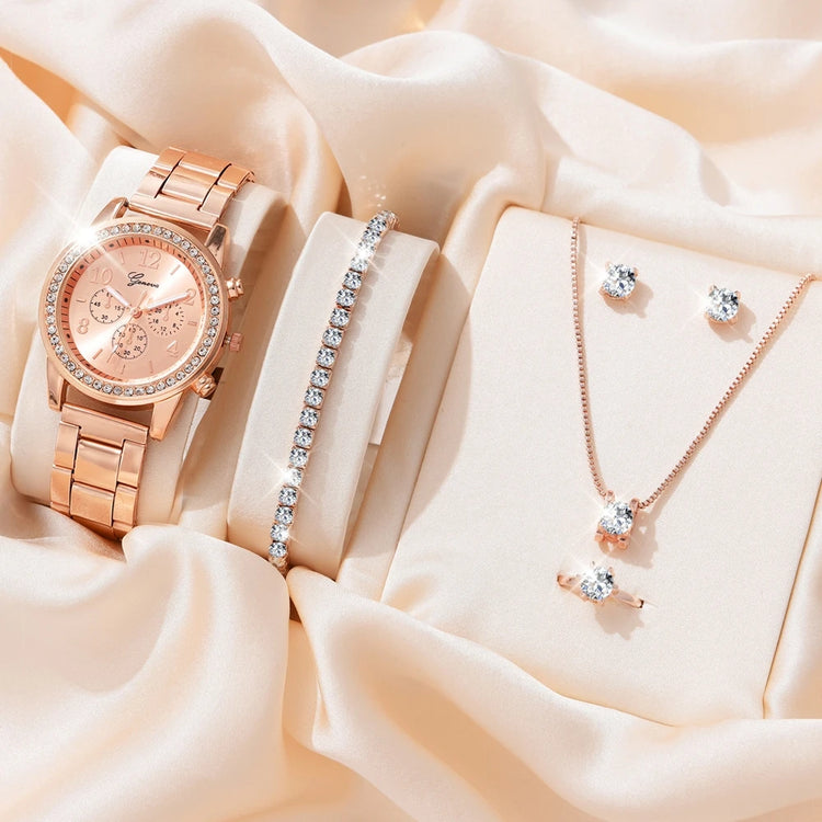 6PCS Set Luxury Watch Women Ring Necklace Earrings Rhinestone Fashion Wristwatch Female Casual Ladies Watches Bracelet Set Clock - mariaestalocashop