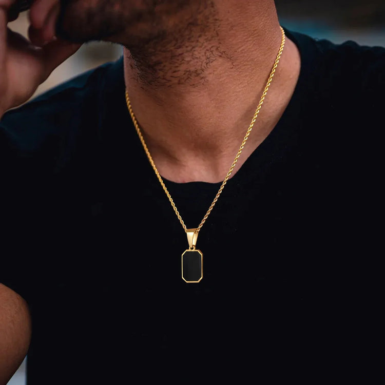 Stylish Gold Color Mens Geometric Square Necklaces,Black Enamel Rectangle Pendant with Rope Box Chain Collar Gift Jewelry - mariaestalocashop
