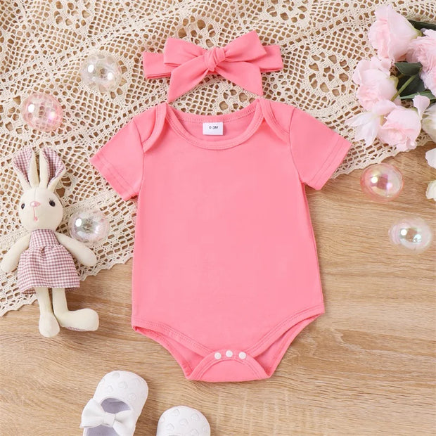 Summer Easter Infant Baby Girl Set Short Sleeve Romper + Rabbit Patch Heart Print Suspender Skirt + Bow Headband Outfit