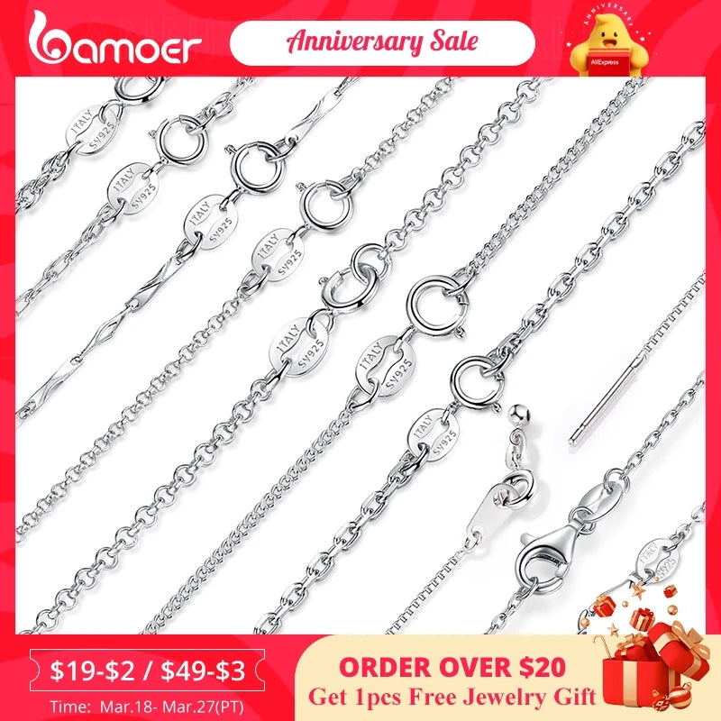 BAMOER Classic Basic Chain 100% 925 Sterling Silver Lobster Clasp Adjustable Necklace Chain Fashion Jewelry for Women - mariaestalocashop