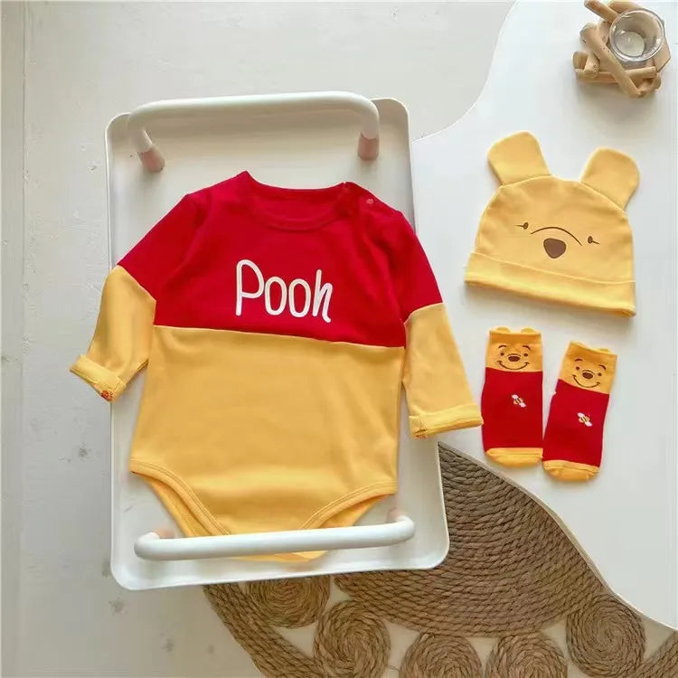 Spring Newborn Baby Rompers Sock Hat 3pcs Set Cartoon Mickey Mouse Poo